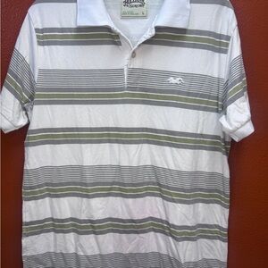 Hollister Men's Polo Shirt - White and Gray Stripes